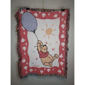 Disney Winnie The Pooh Jacquard Woven Throw Blanket Tapestry Balloon Butterflies